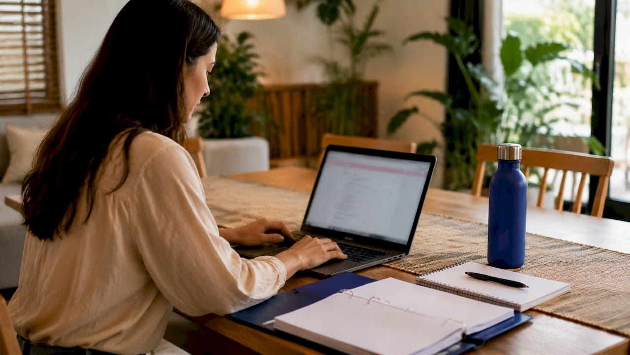 Hands typing guest data on laptop in kitchen