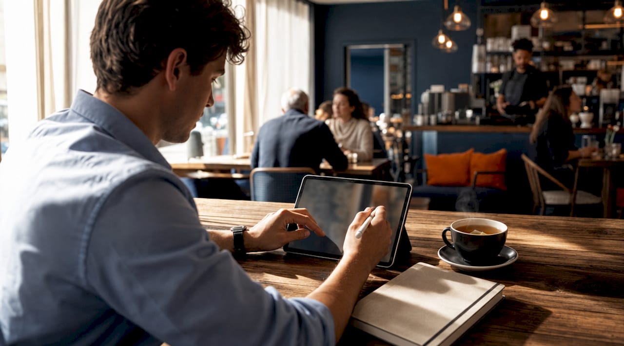 Hands checking local rental compliance on tablet