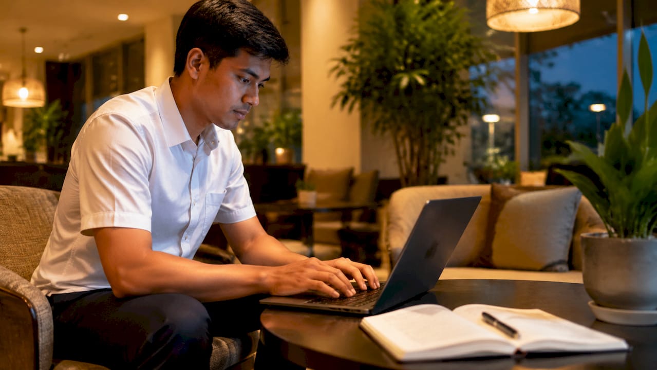Staff member securing guest information on computer