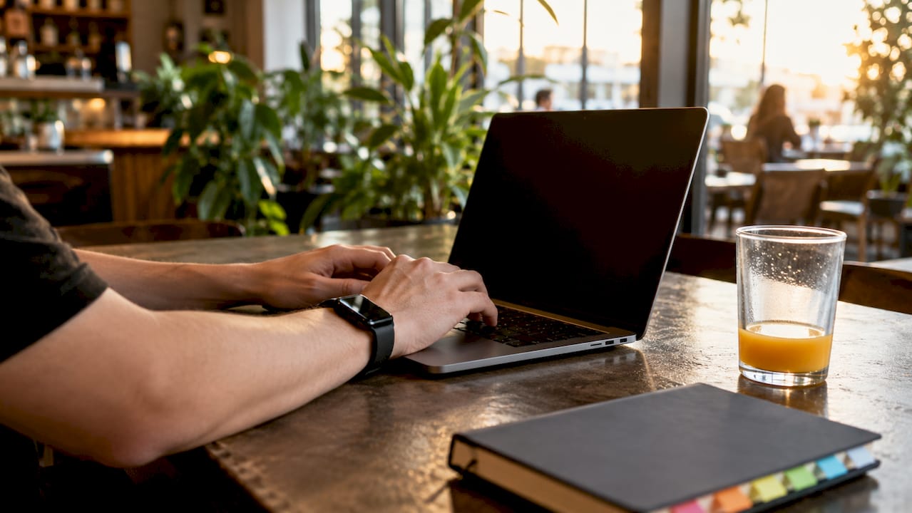 Hands typing on laptop with API reference cards