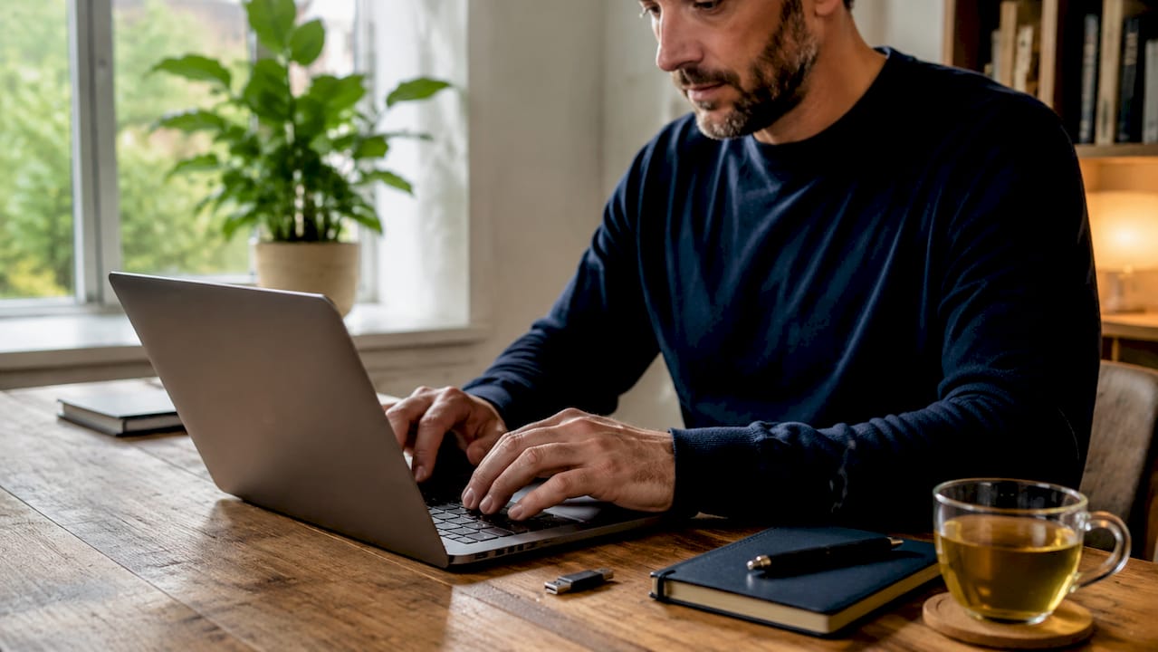 Hands typing on keyboard with encrypted USB nearby