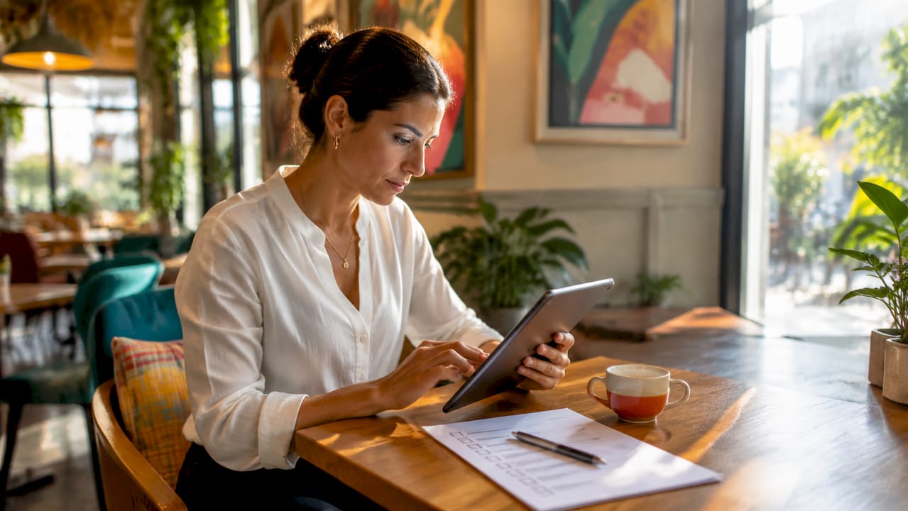 Hands operating tablet for compliance audit at desk