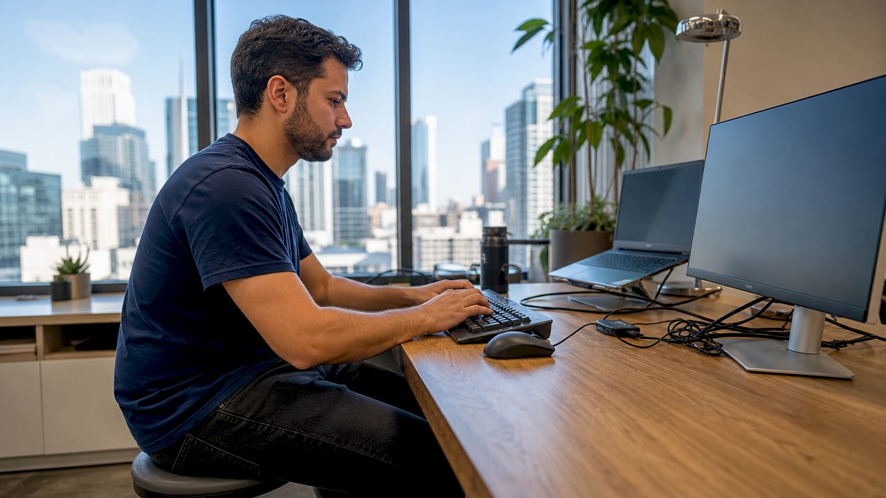 IT specialist typing on keyboard in server room
