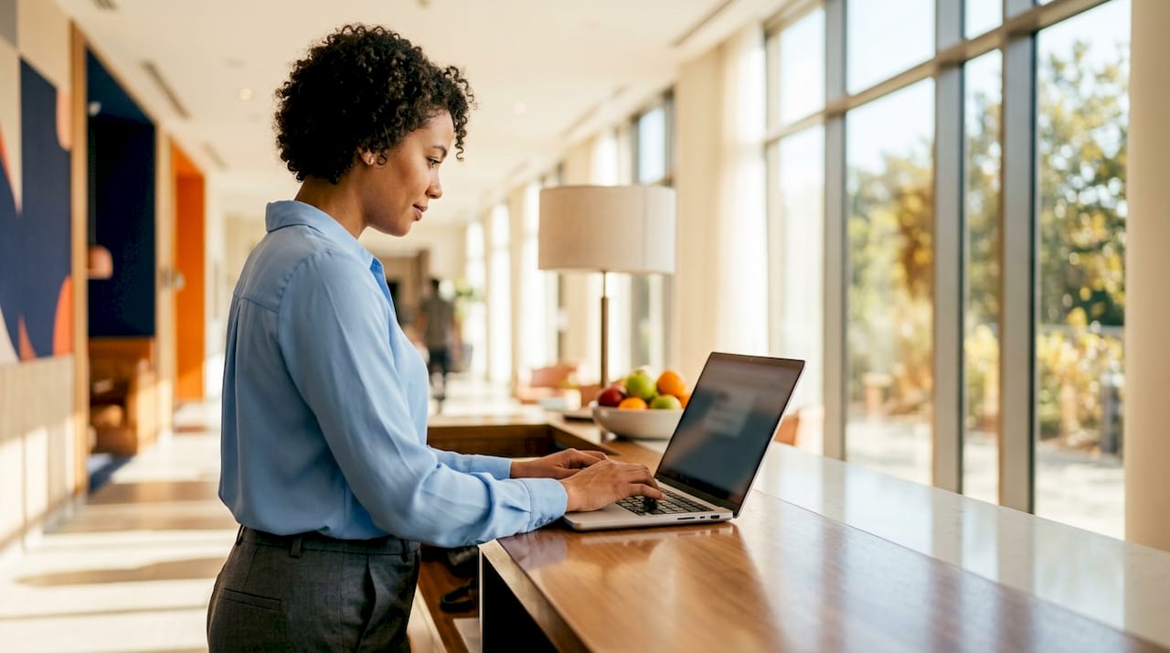 Hotel receptionist submitting guest data online