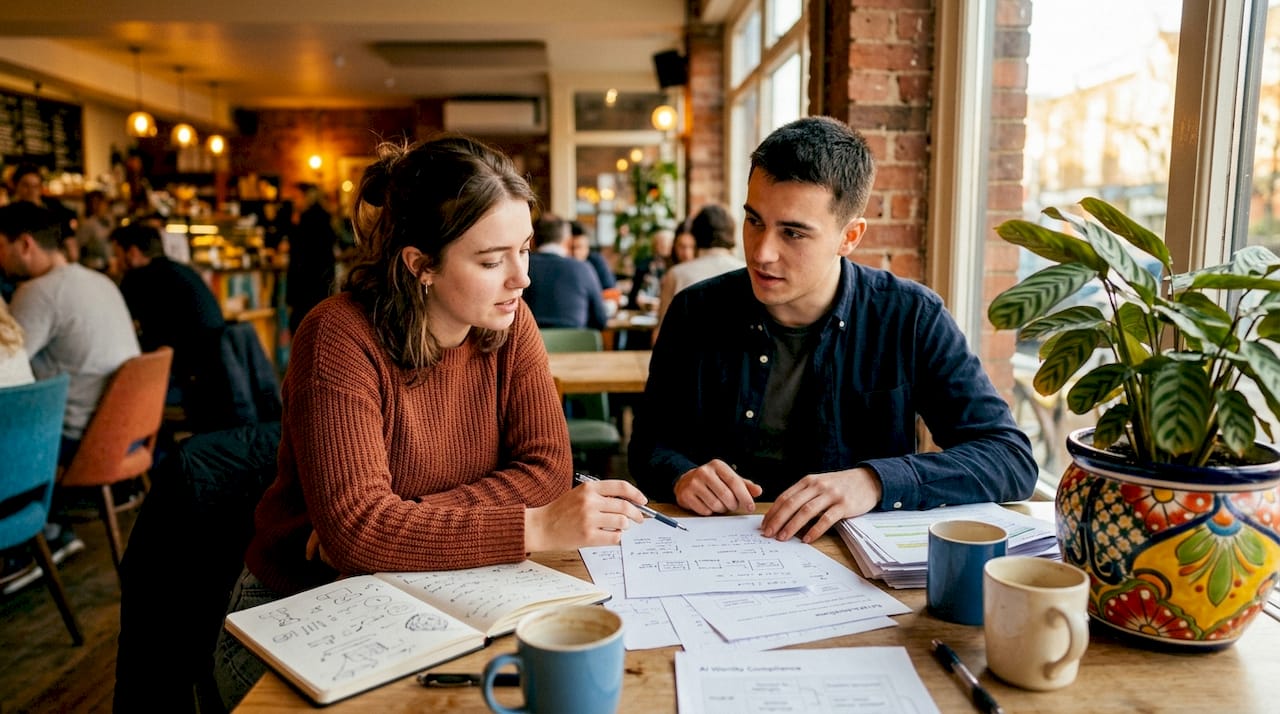 Two professionals discussing AI compliance steps