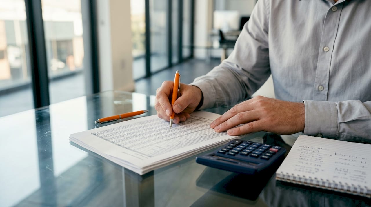 Hands reviewing property financial spreadsheet