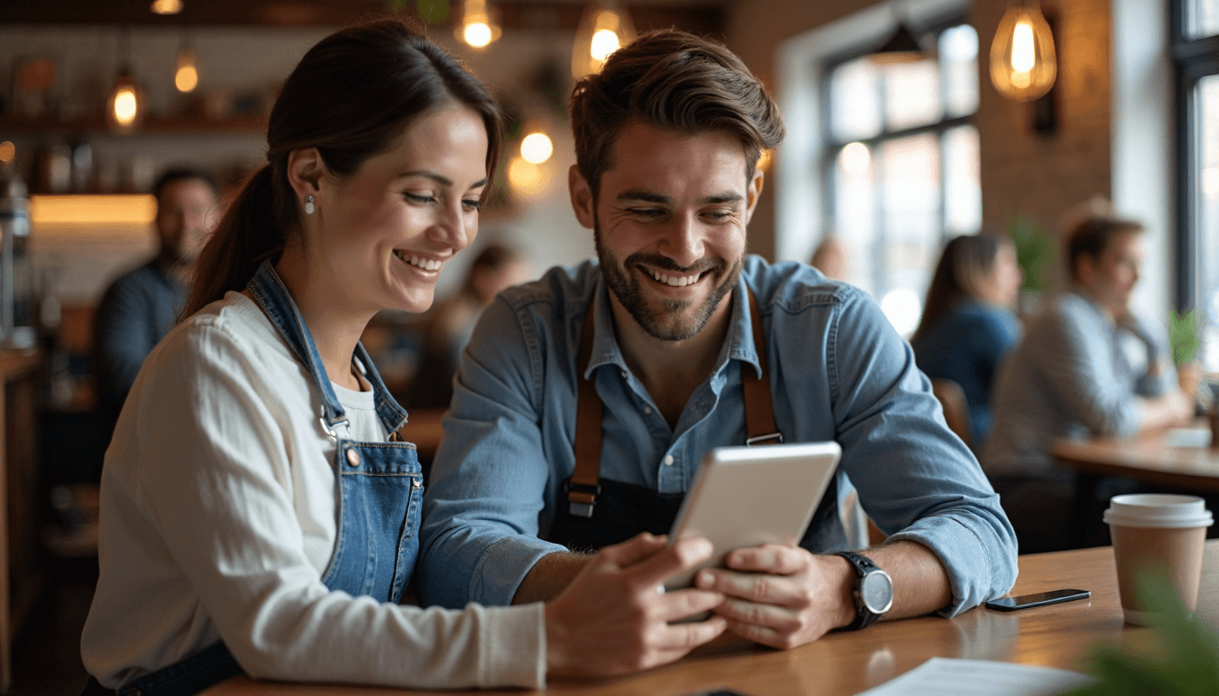 Small business owner showing testimonial on tablet in cafe