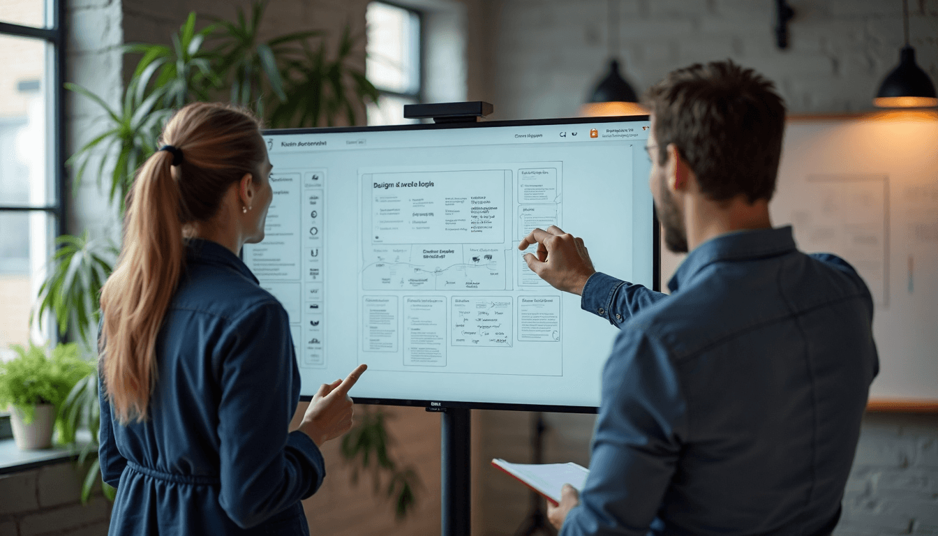 Two colleagues reviewing wireframe on touchscreen monitor