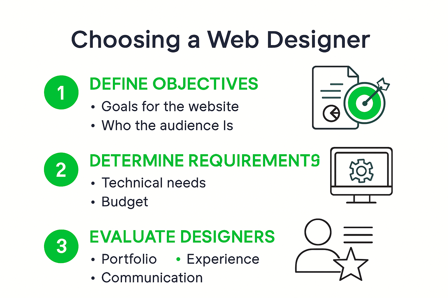 Infographic showing steps to choose a web designer for small businesses.