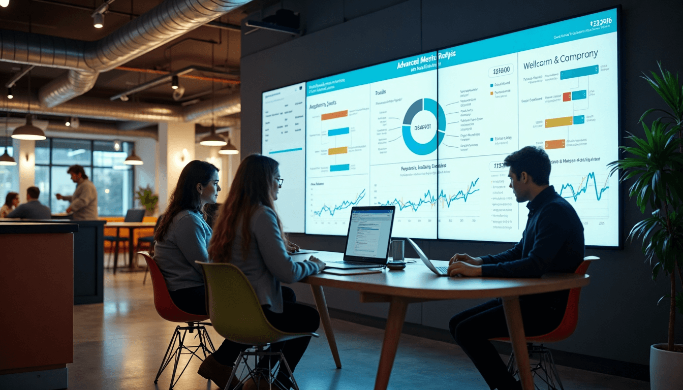 Professionals analyze advanced content marketing metrics on a digital display