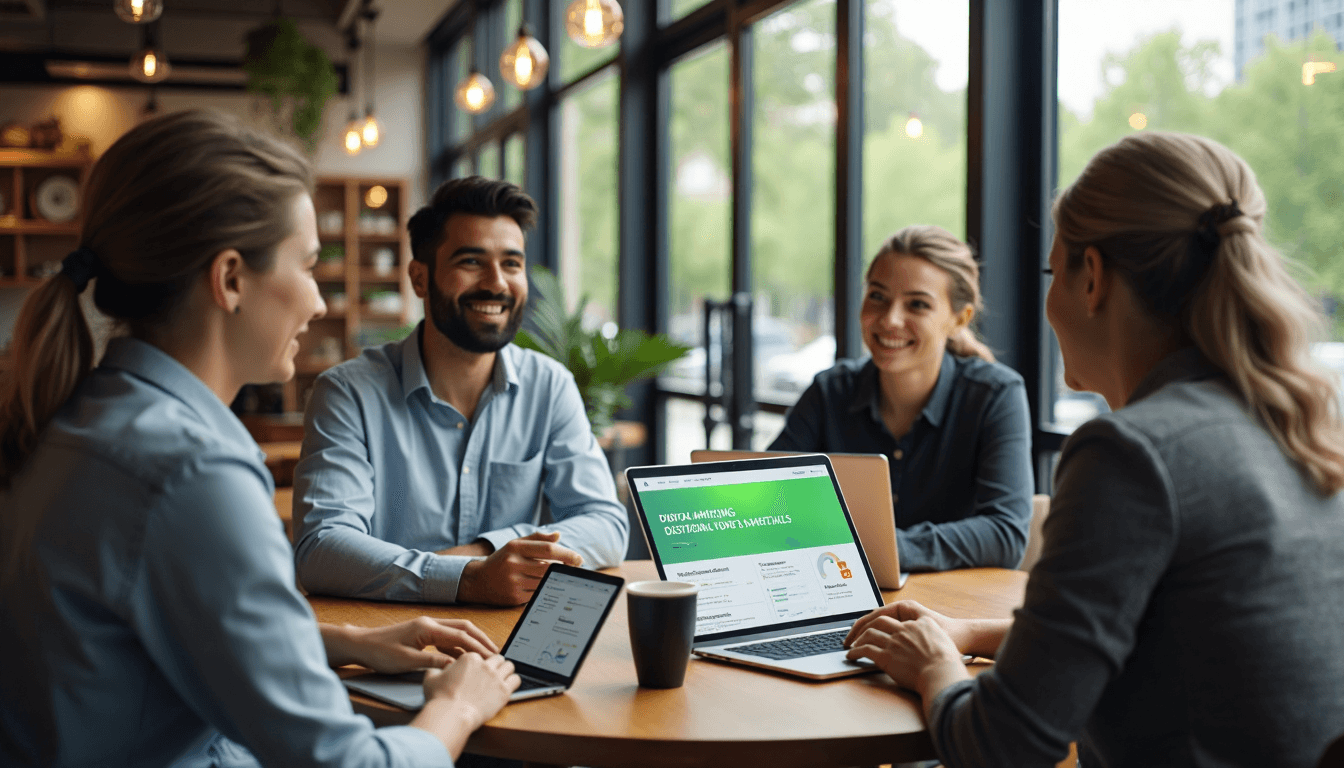 Entrepreneurs discuss digital marketing in a sunlit café