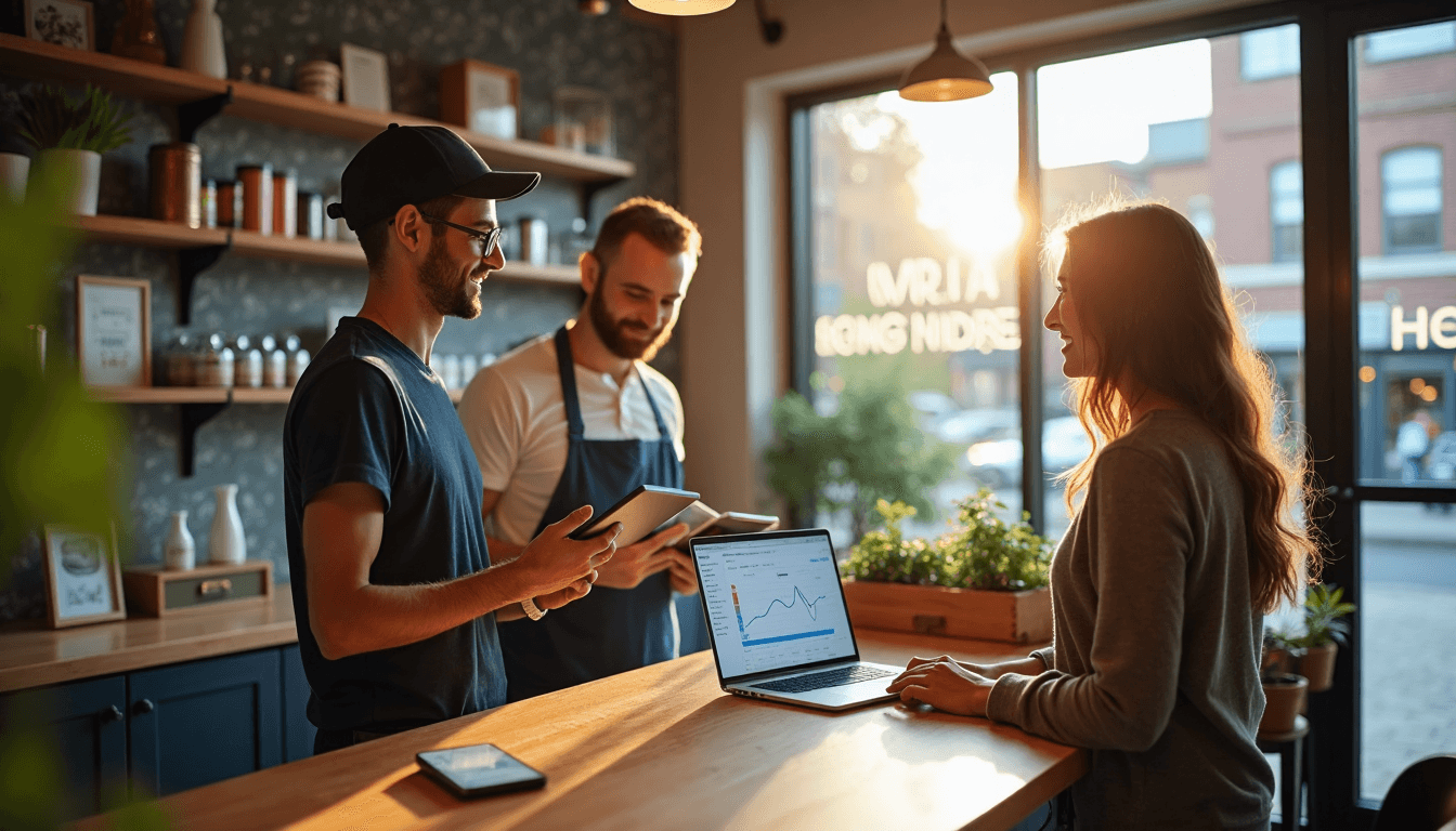 Small business owner checking digital marketing analytics on tablet with website shown to customer