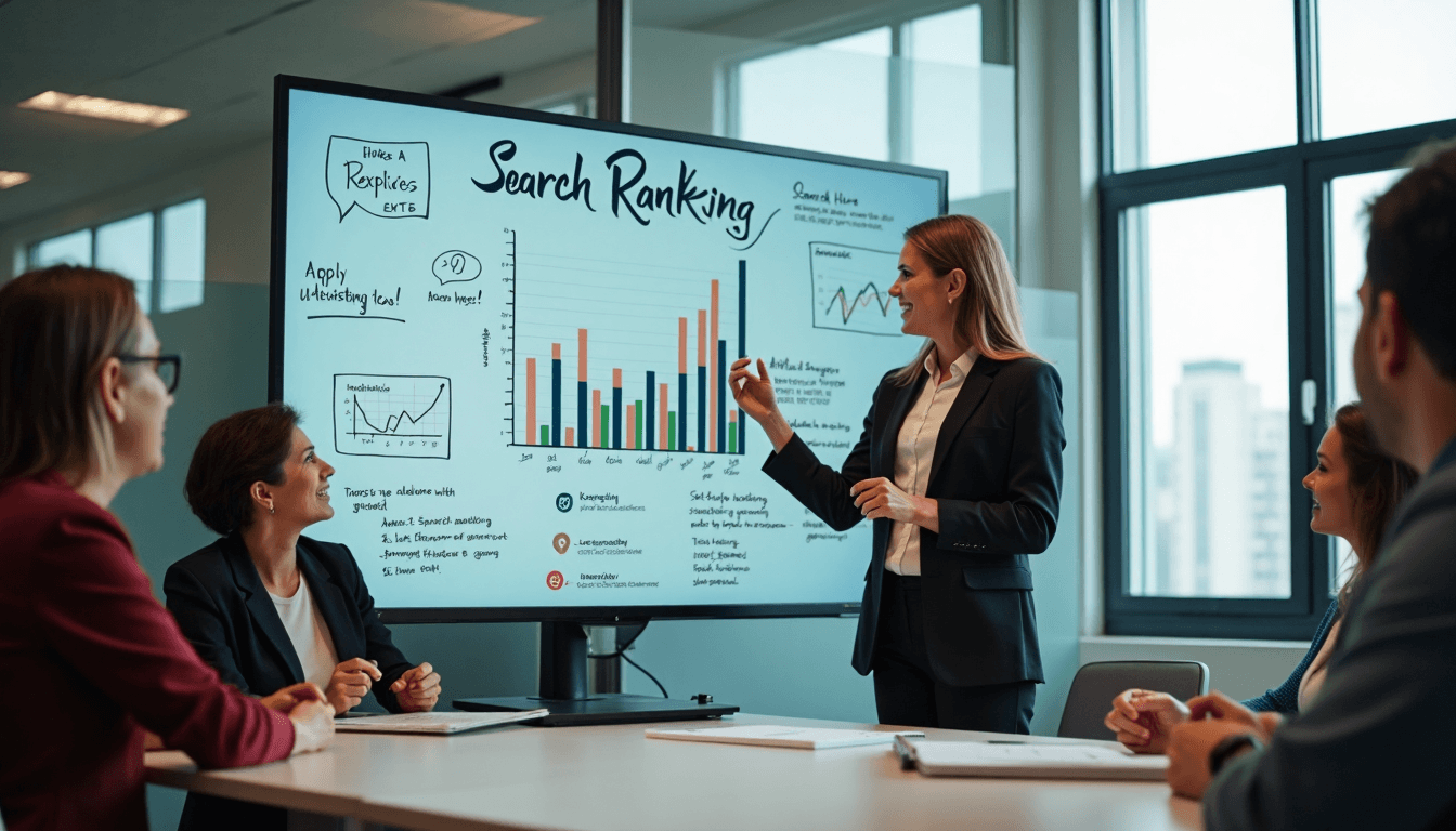 Team analyzes website ranking data during collaborative SEO strategy meeting