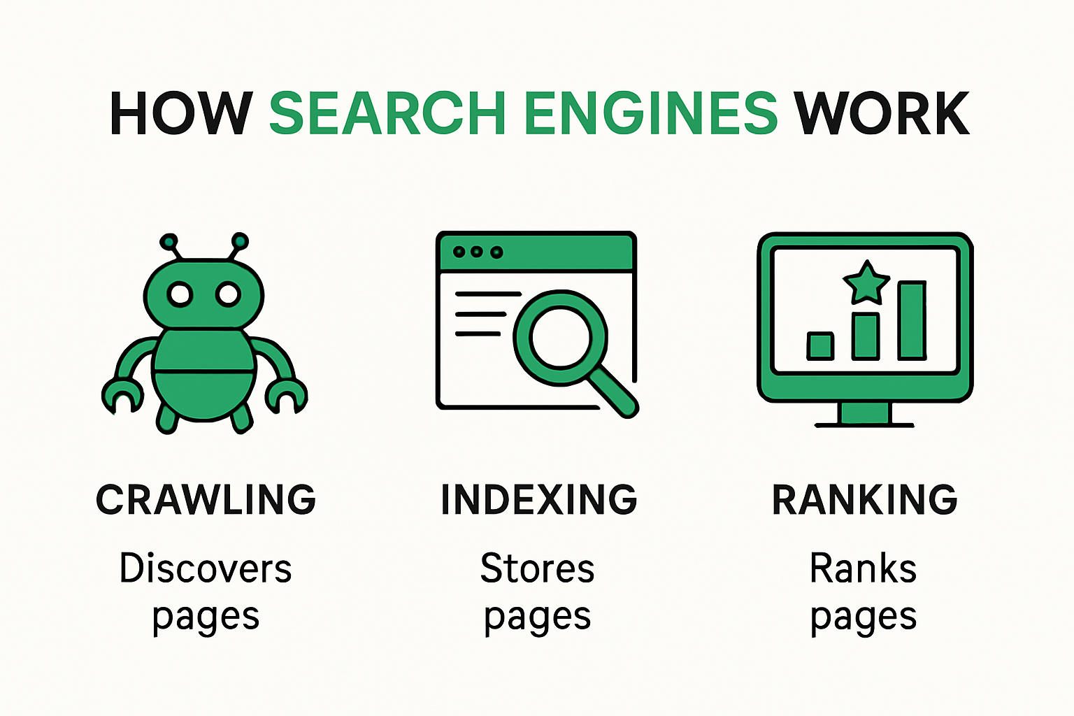 Infographic explaining how search engines work in three stages