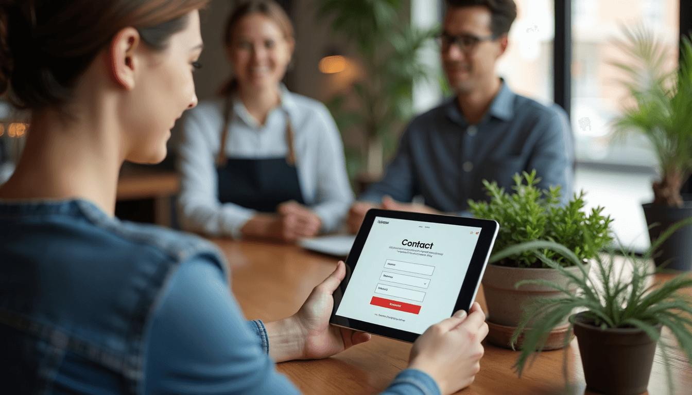 Customer browses business website with visible contact form on tablet