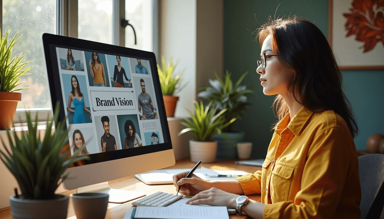 Entrepreneur developing brand vision at desk with mood boards and laptop