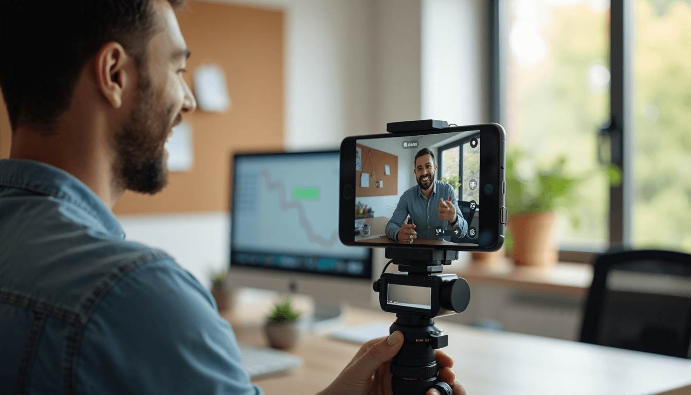 Small business owner filming marketing video with Boost Conversion banner