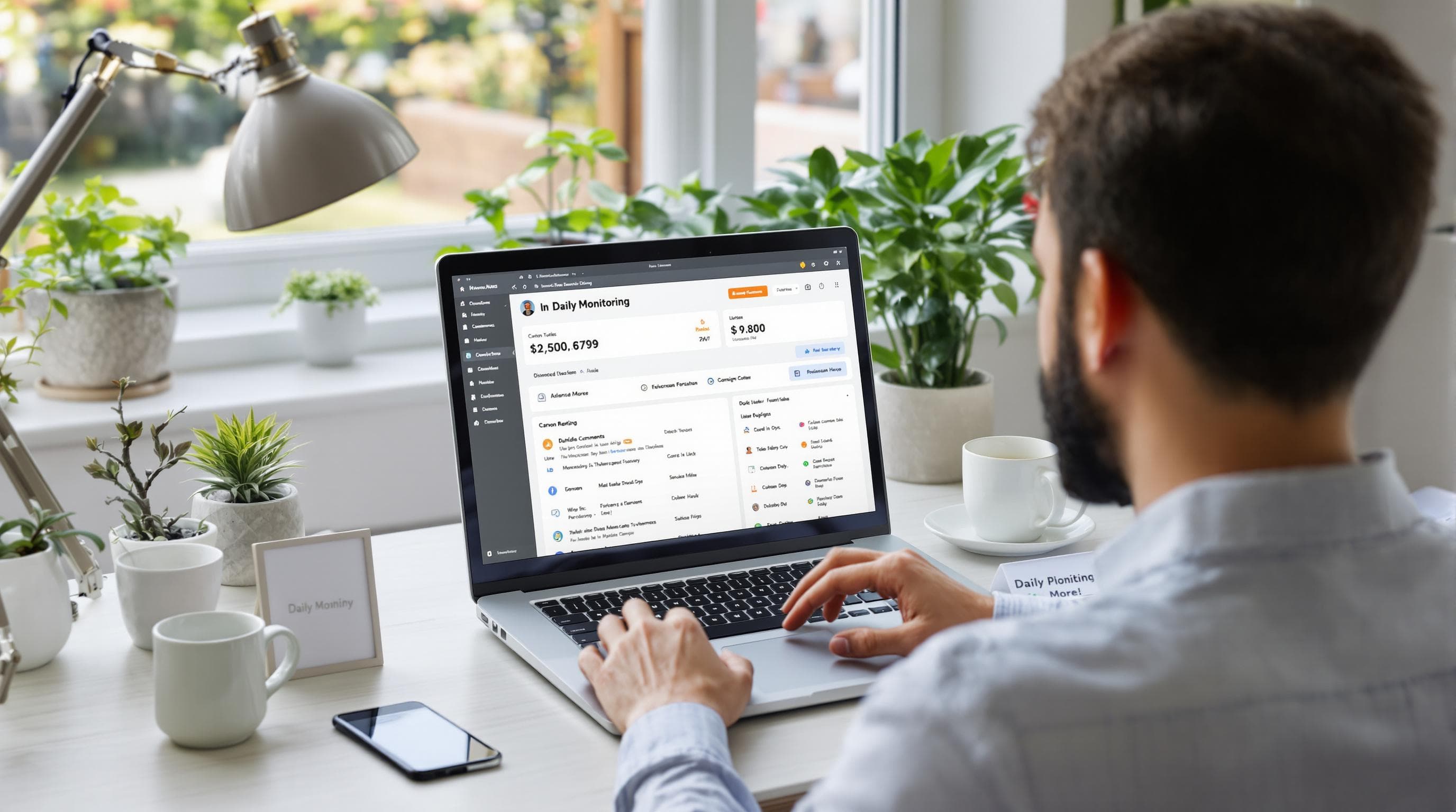 Small business owner performing daily website monitoring with 'Daily Monitoring' text