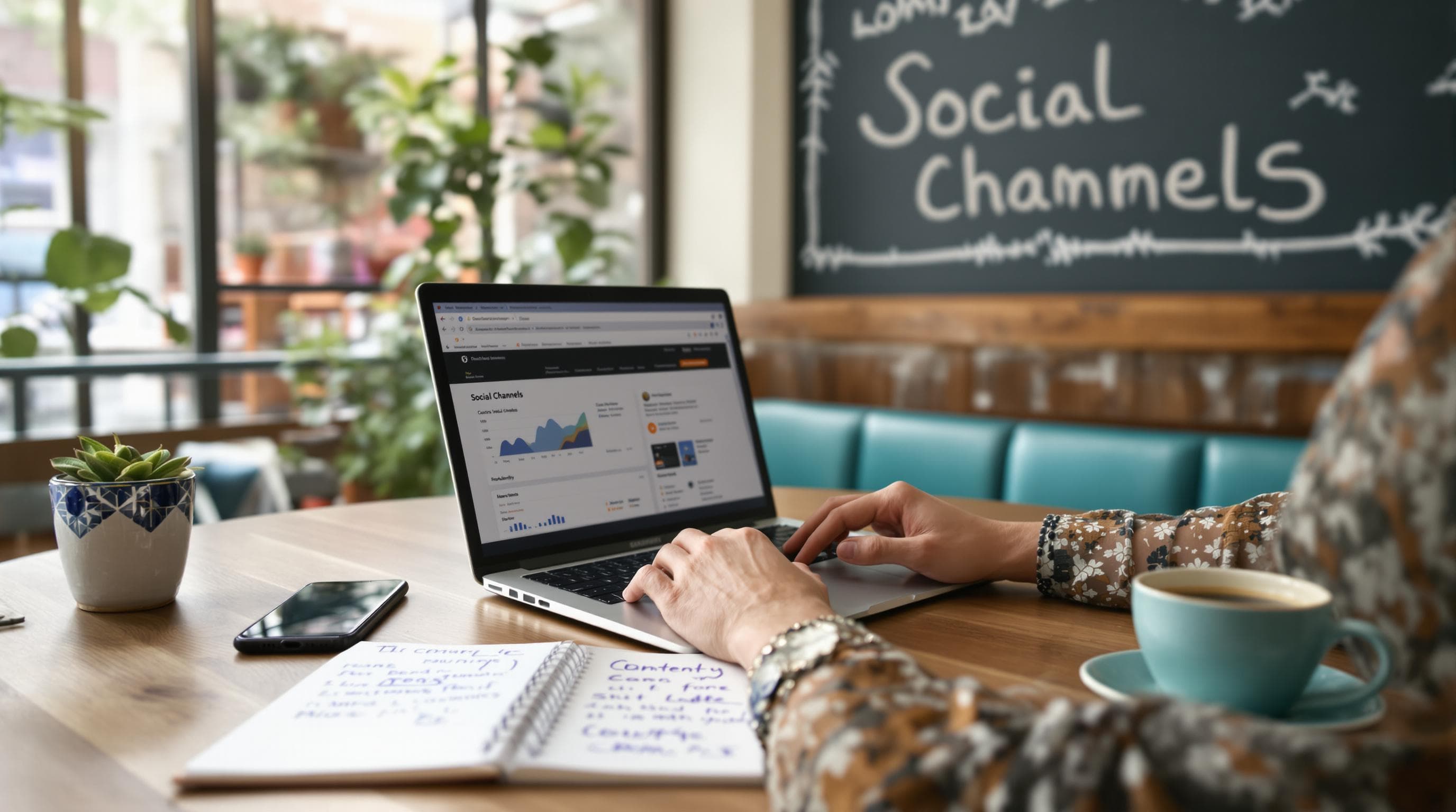Small business owner uses laptop and phone for social media marketing in coffee shop