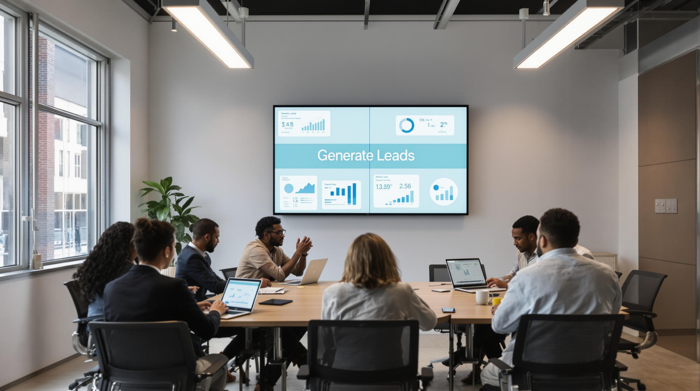 Diverse marketing team collaborating on digital strategy for online lead generation in office