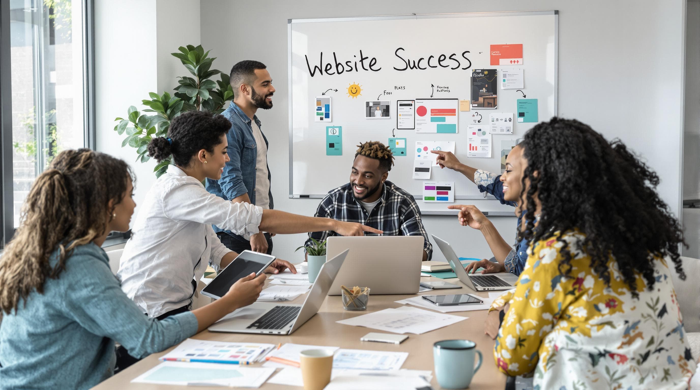 Small business owner collaborating with web team for website planning