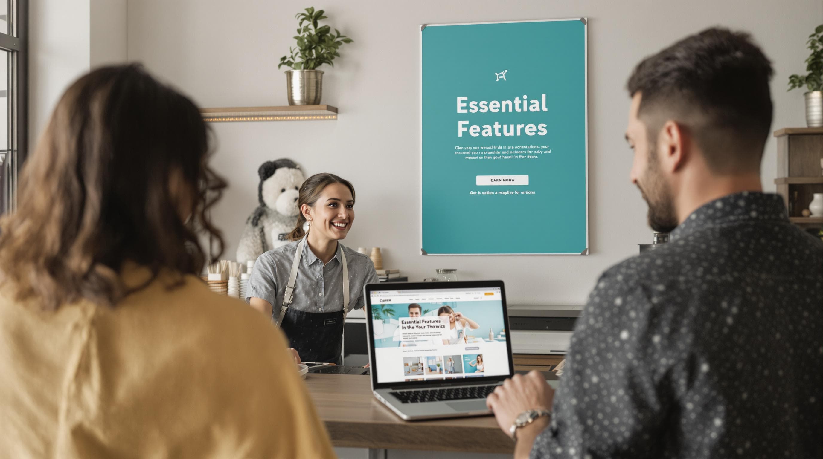 Shop owner with open laptop showing website essential features to customer