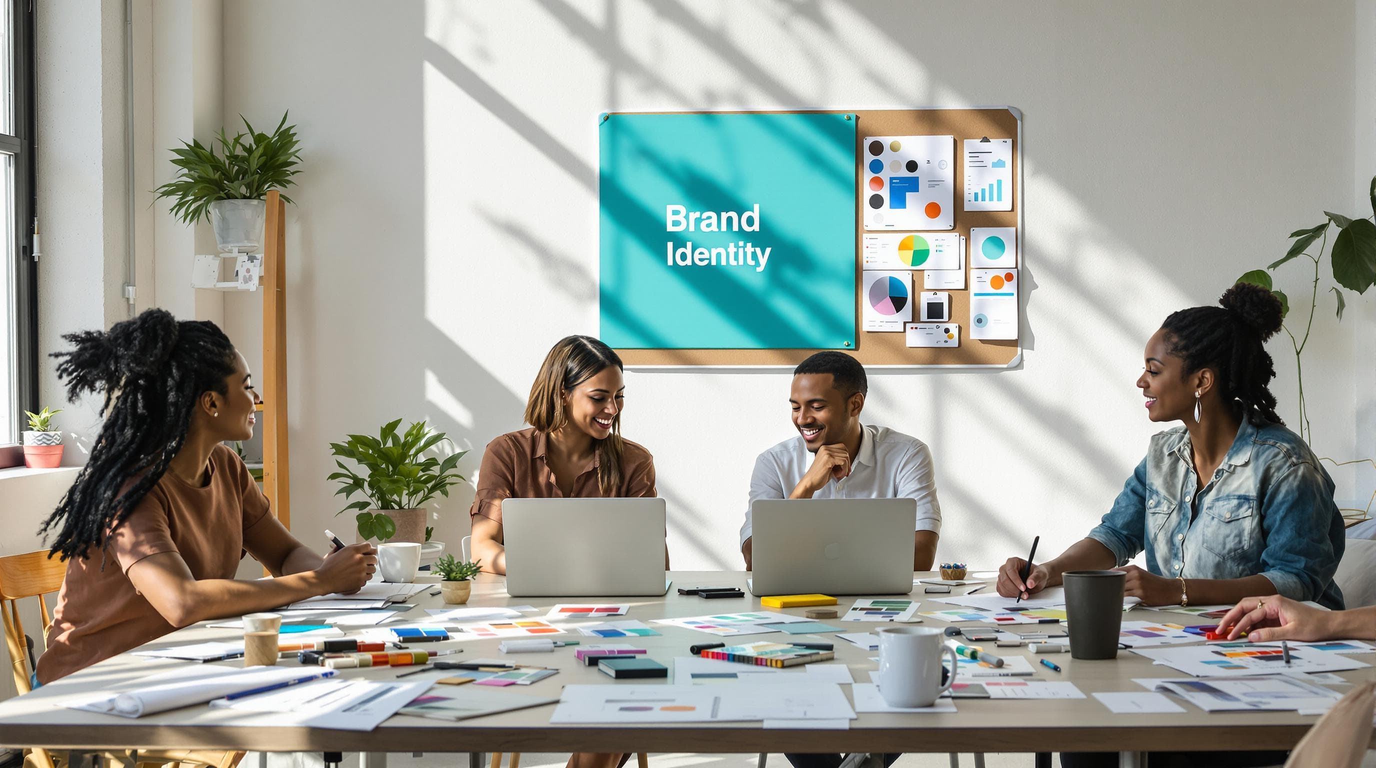 Small business team planning branding with logo sketches on wall