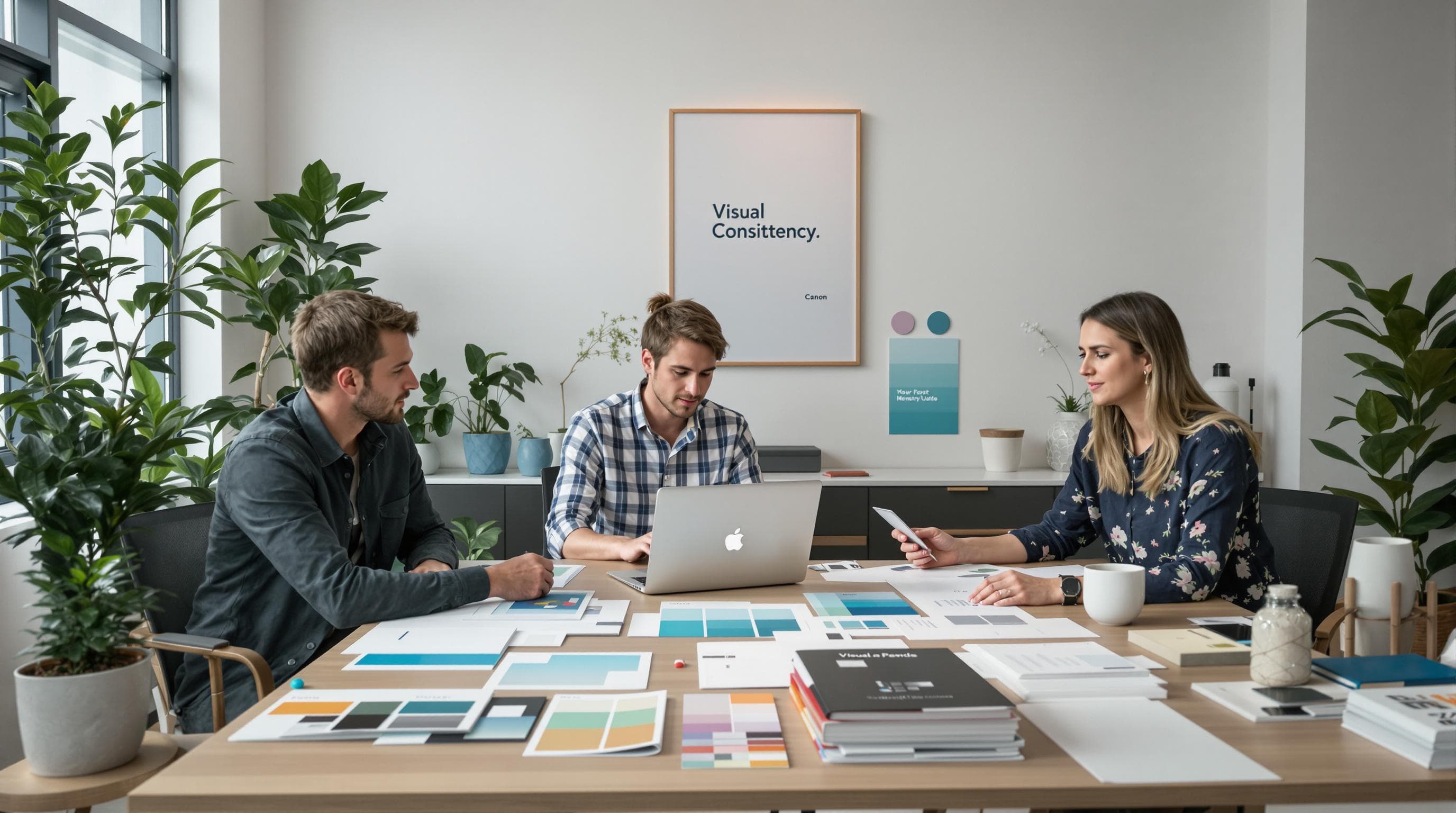 Design team reviews branded materials for visual consistency