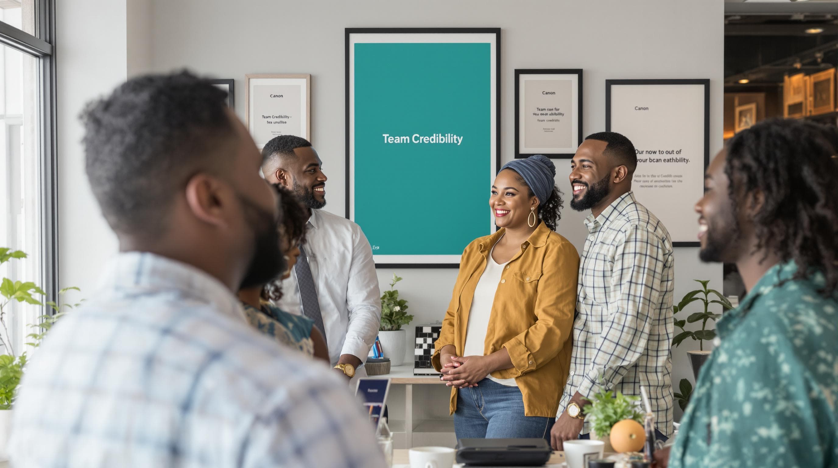 Diverse business team in office with awards and 'Team Credibility' poster.
