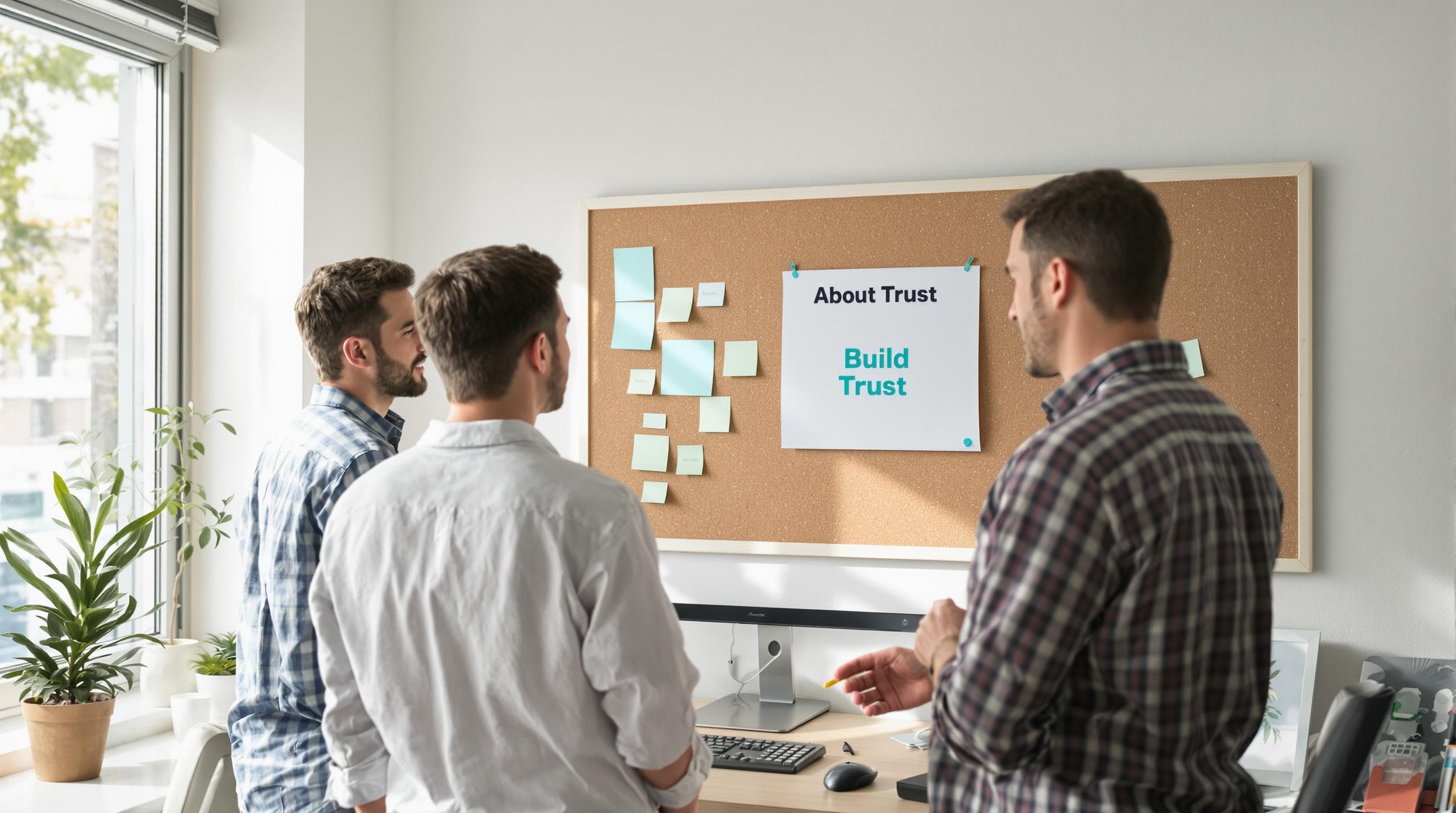 Two small business owners review About Us web content on a computer in a bright workspace; 'Build Trust' appears on a corkboard.