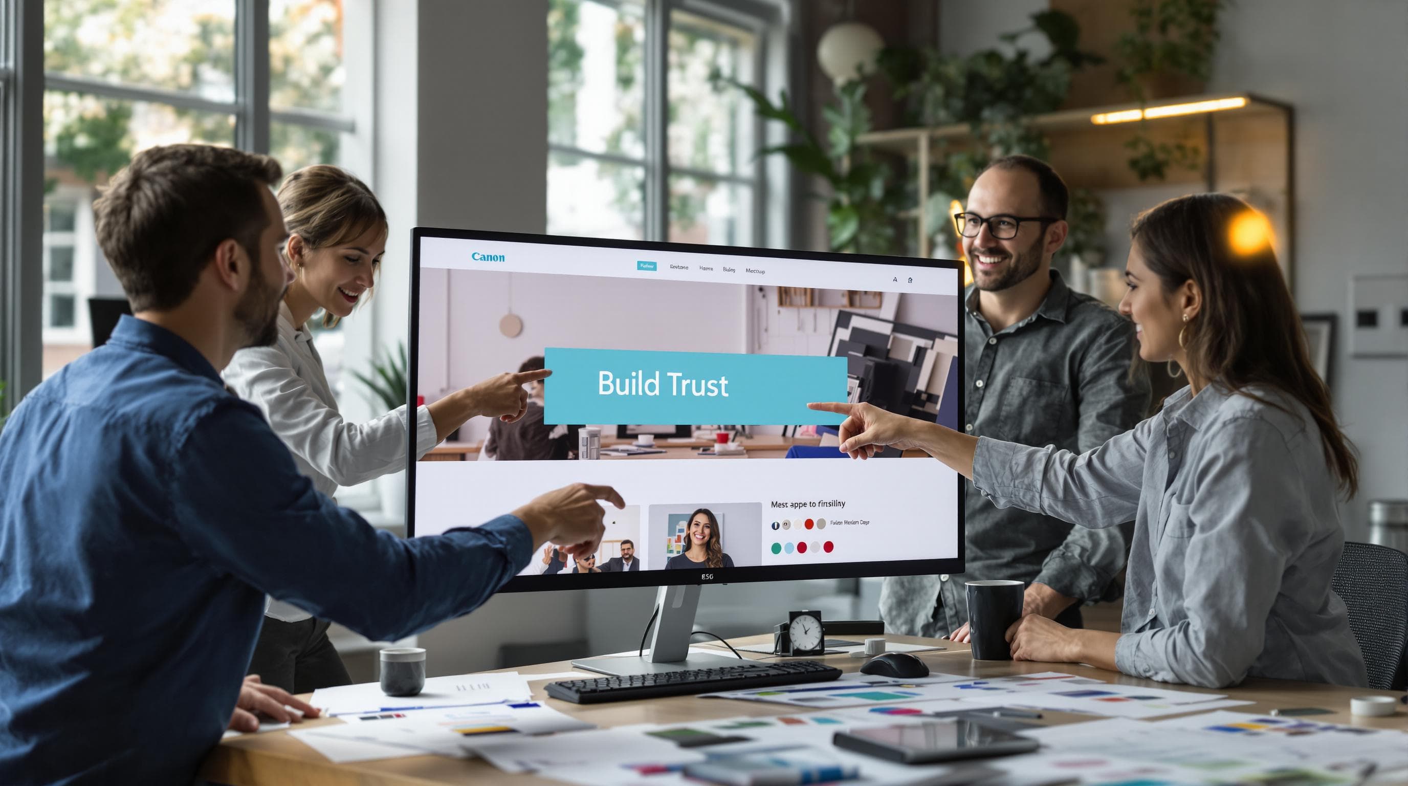Small business team reviewing homepage draft with trust-focused design