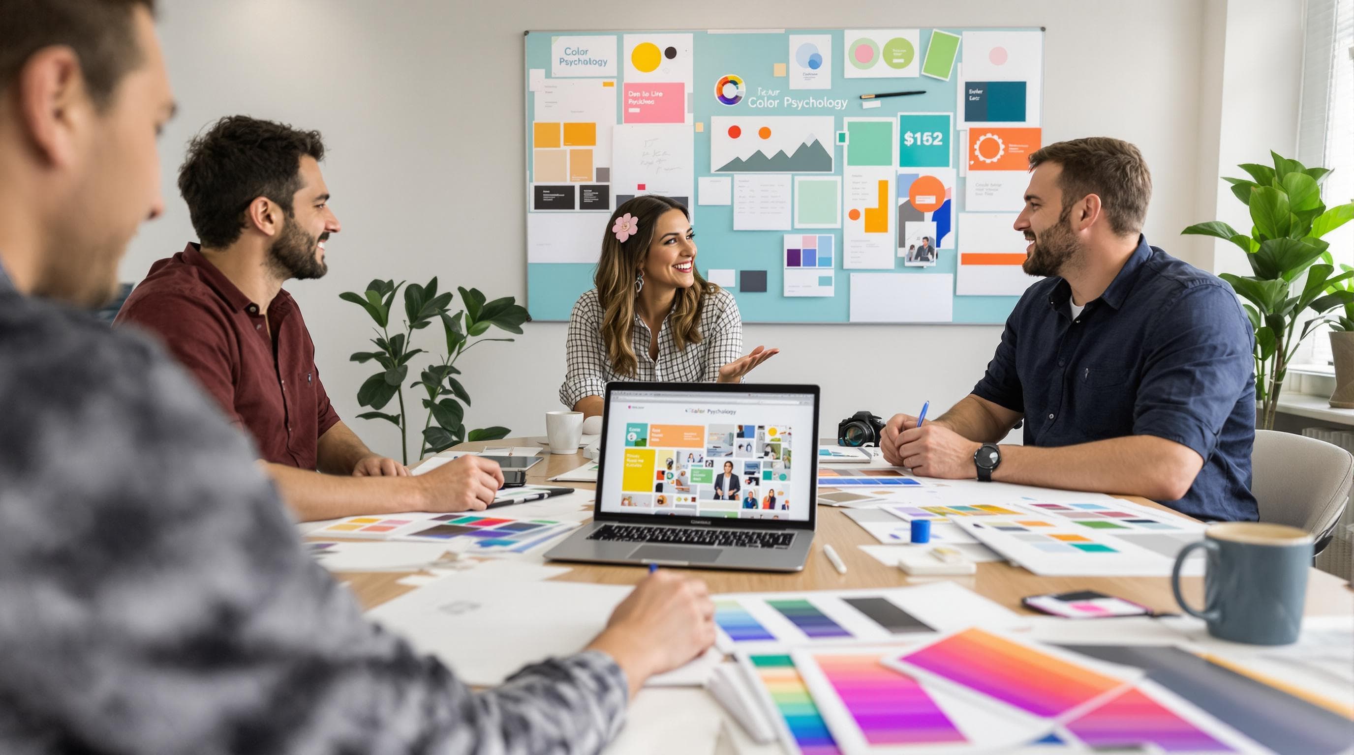 Service business clients reviewing website color and layout with designer