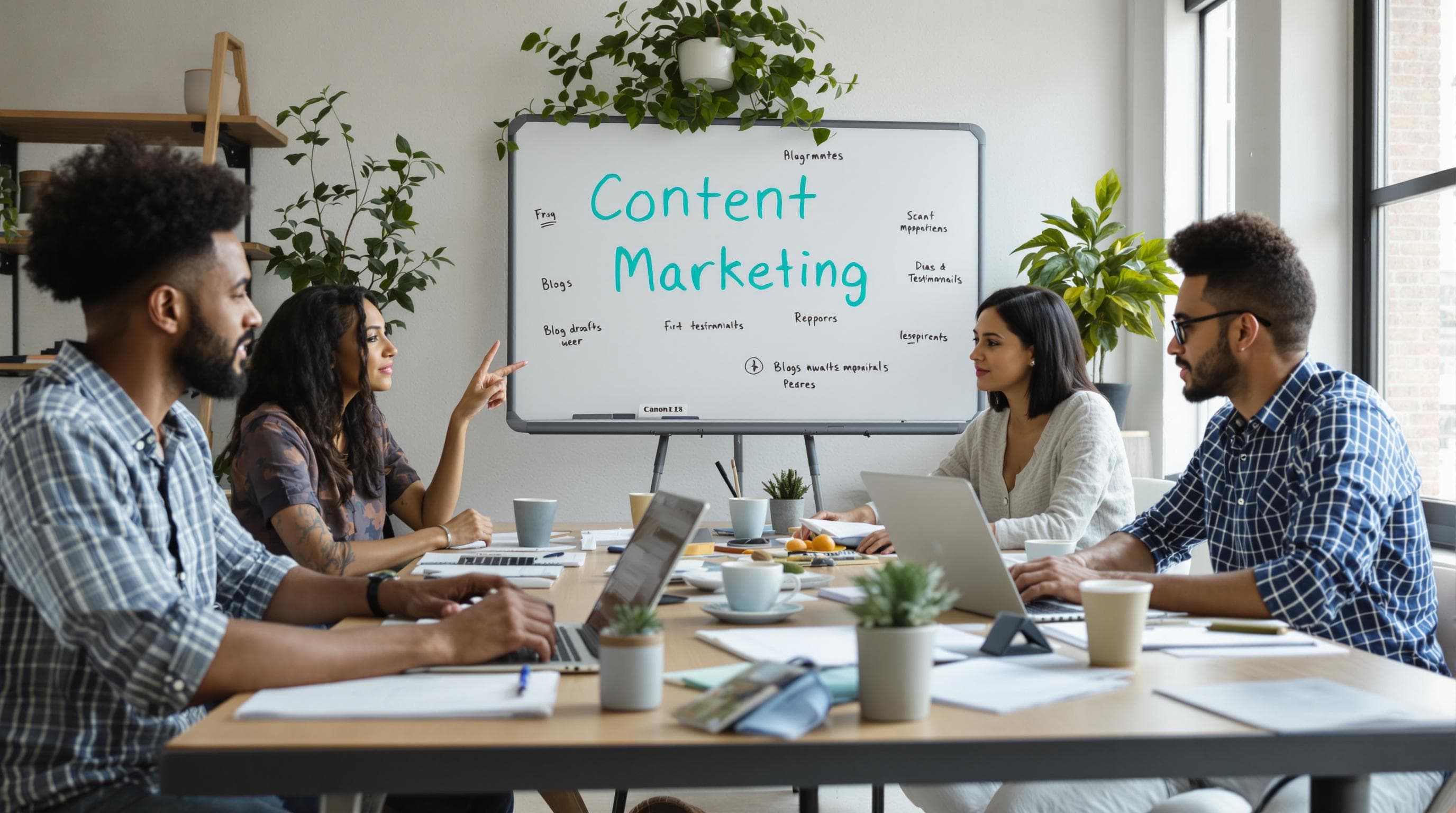 Small business team collaborating on content marketing with 'Content Marketing' on whiteboard
