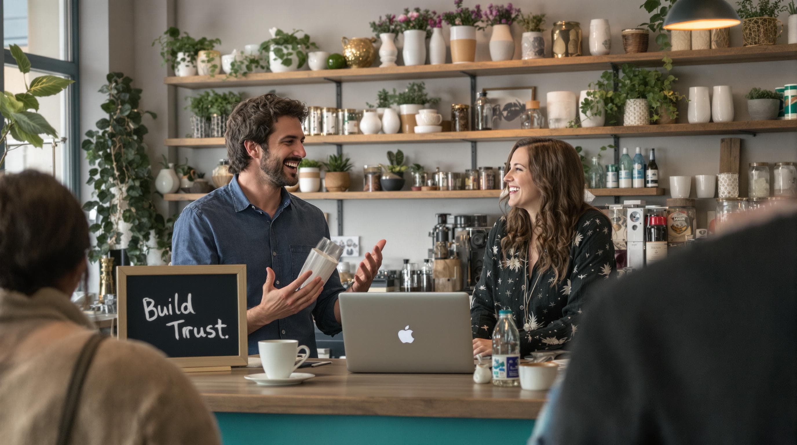 Business owner telling story to customer with 'Build Trust' on chalkboard sign