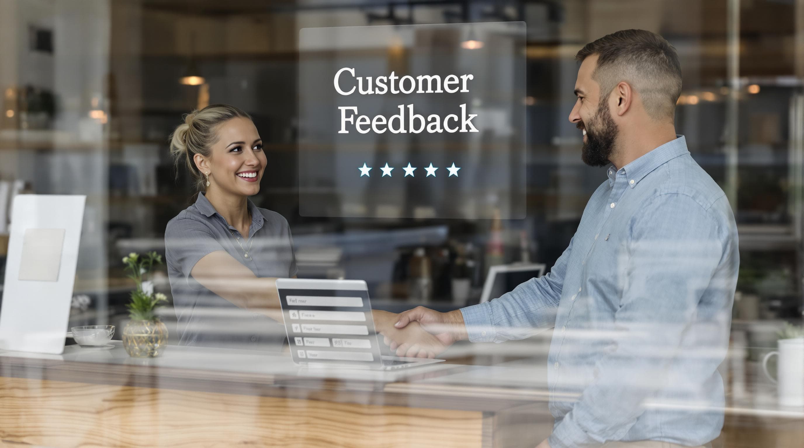 Customer leaving review at local business with feedback signage