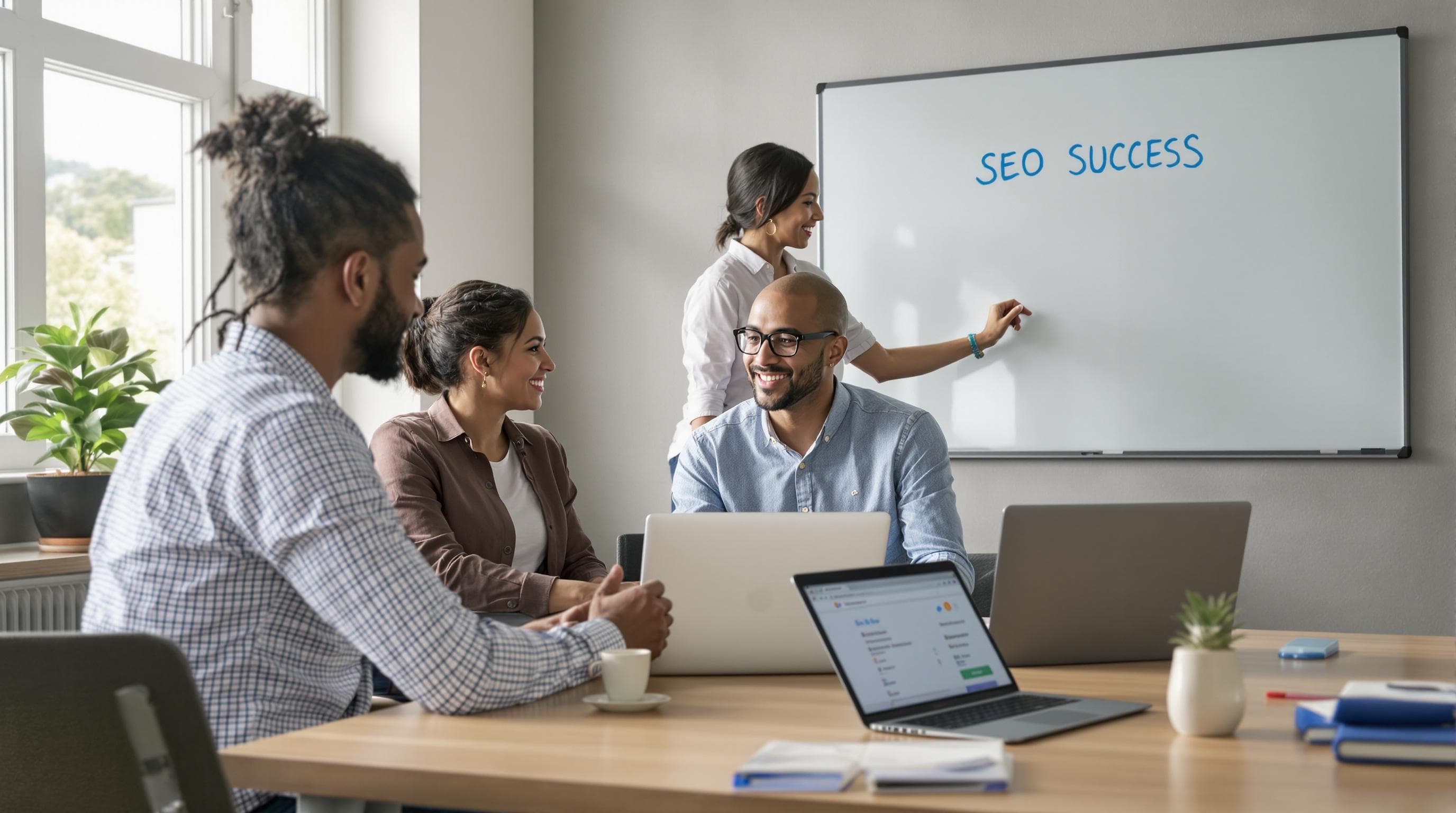 Small business team reviews local SEO results in modern office
