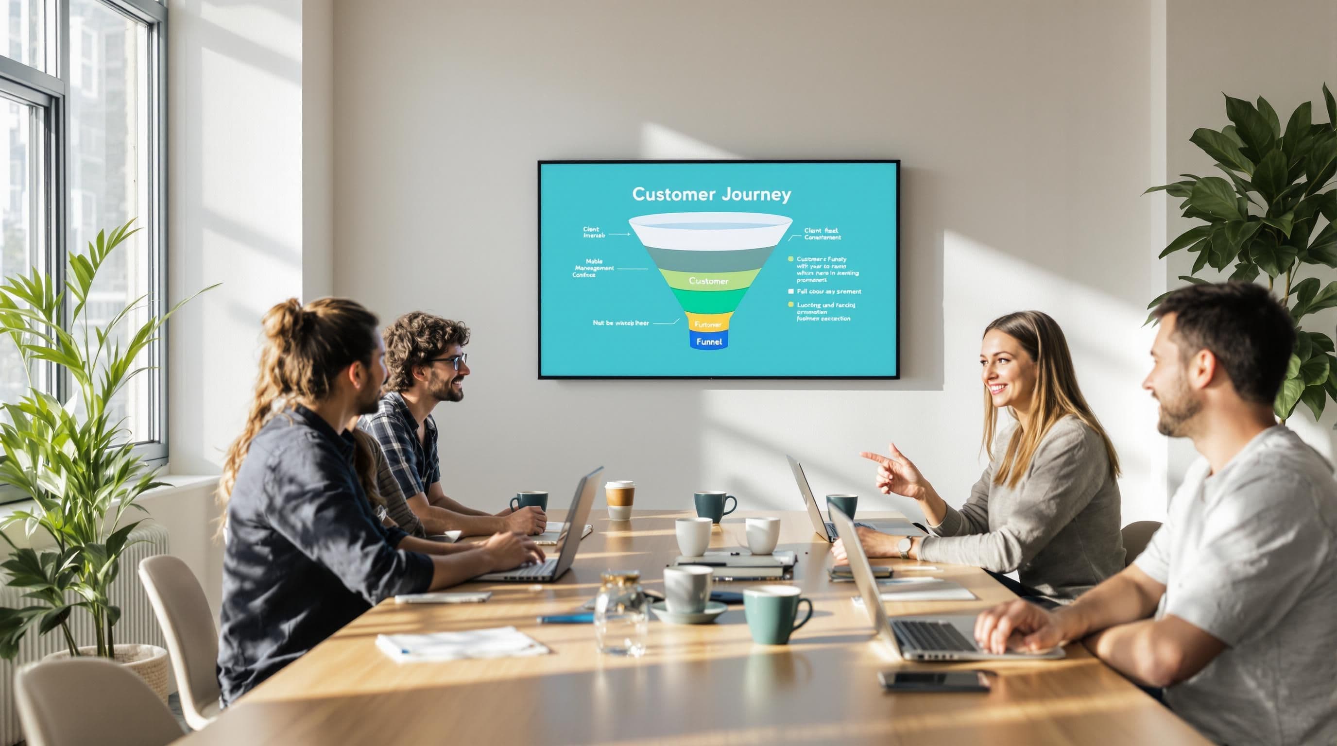 Small business owners discuss sales funnel near funnel diagram screen