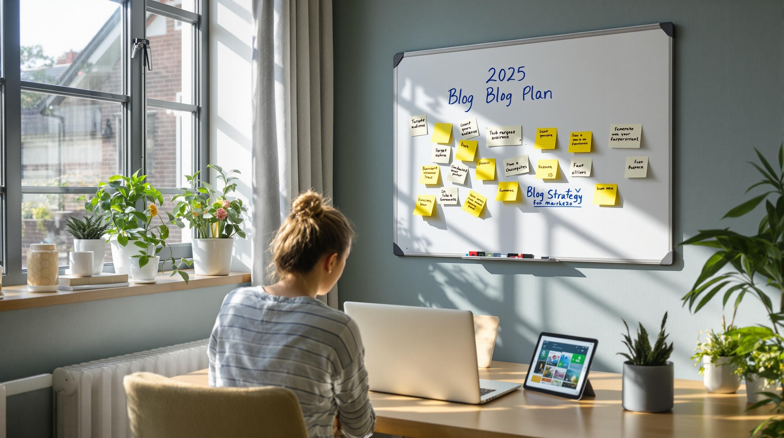 Small business owner planning blog strategy on whiteboard in bright office