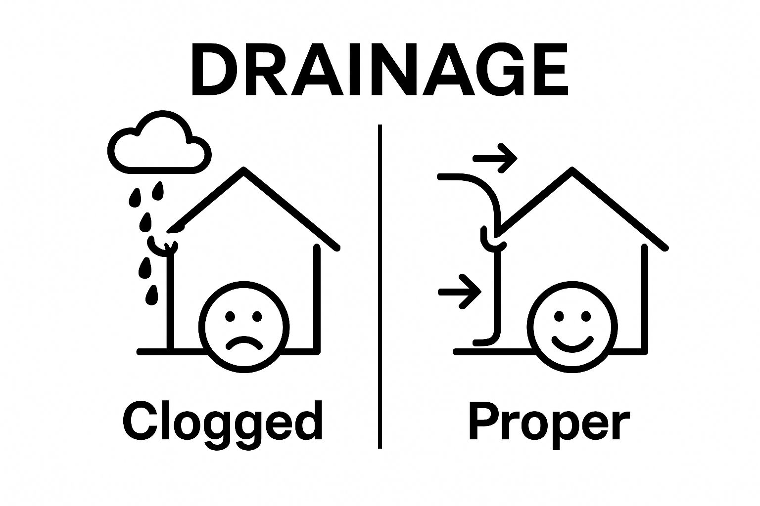 Infographic comparing effective and clogged roof drainage outcomes