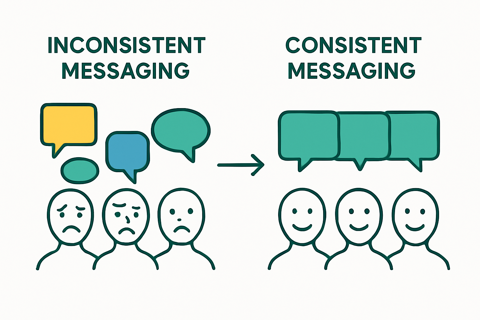 Before-and-after infographic showing inconsistent versus consistent brand messaging