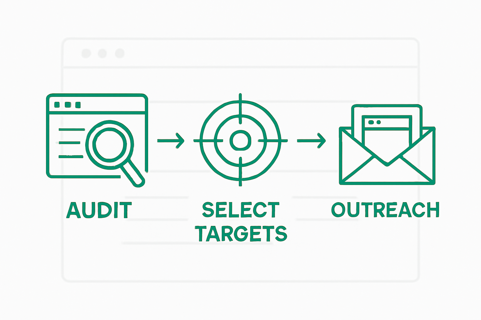 Three-step backlinks building infographic: audit, target, reach out