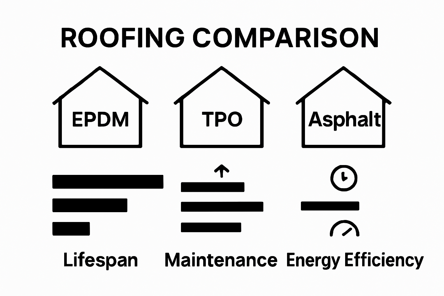 Icon-based comparison of EPDM, TPO, and Asphalt roofing: lifespan, maintenance, energy efficiency