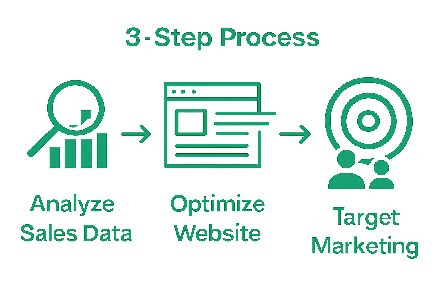 Three-step process for boosting ecommerce sales visualized with icons