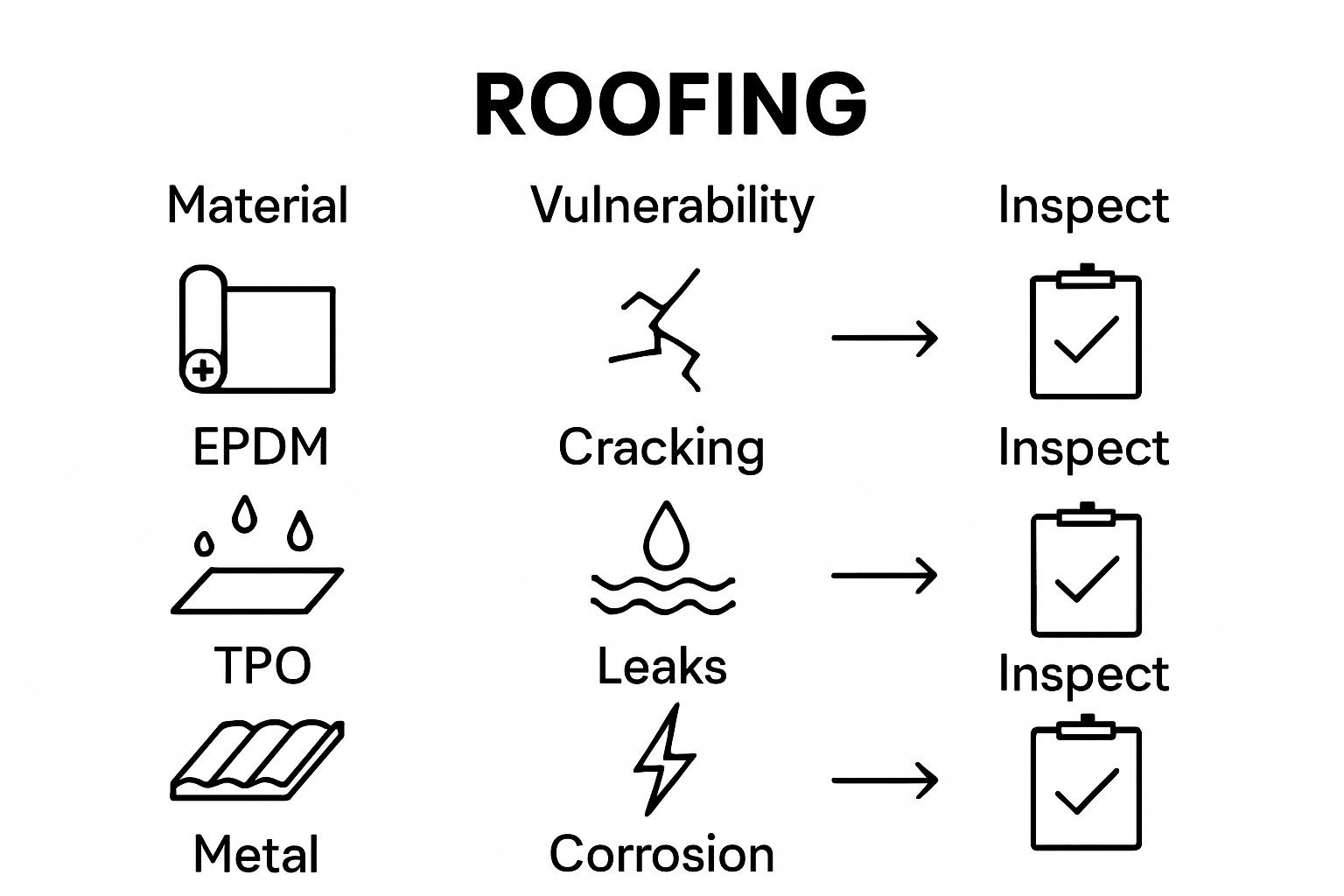 Commercial roofing material types with vulnerabilities and maintenance icons