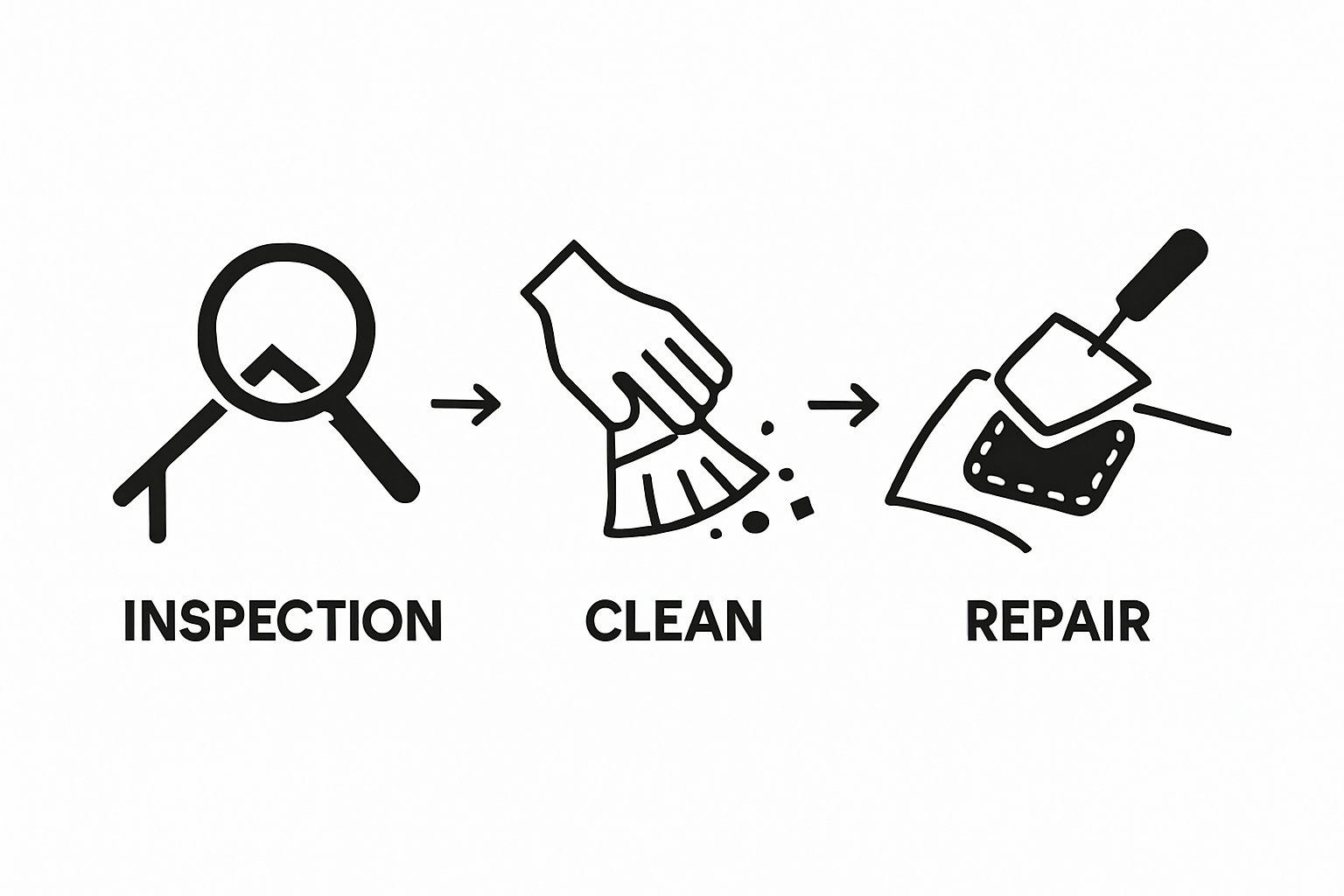 Three-step commercial roof maintenance process illustrated with inspection, debris clearing, and repair icons.