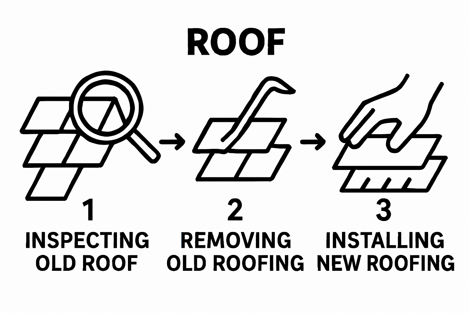 Three-step infographic showing inspection, removal, and installation of roofing materials