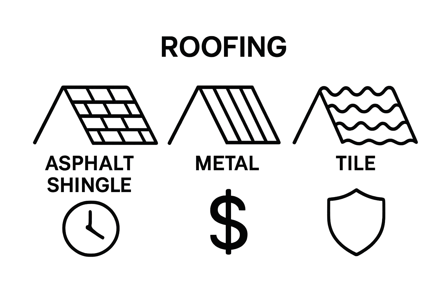 Simple infographic comparing asphalt, metal, and tile roof systems