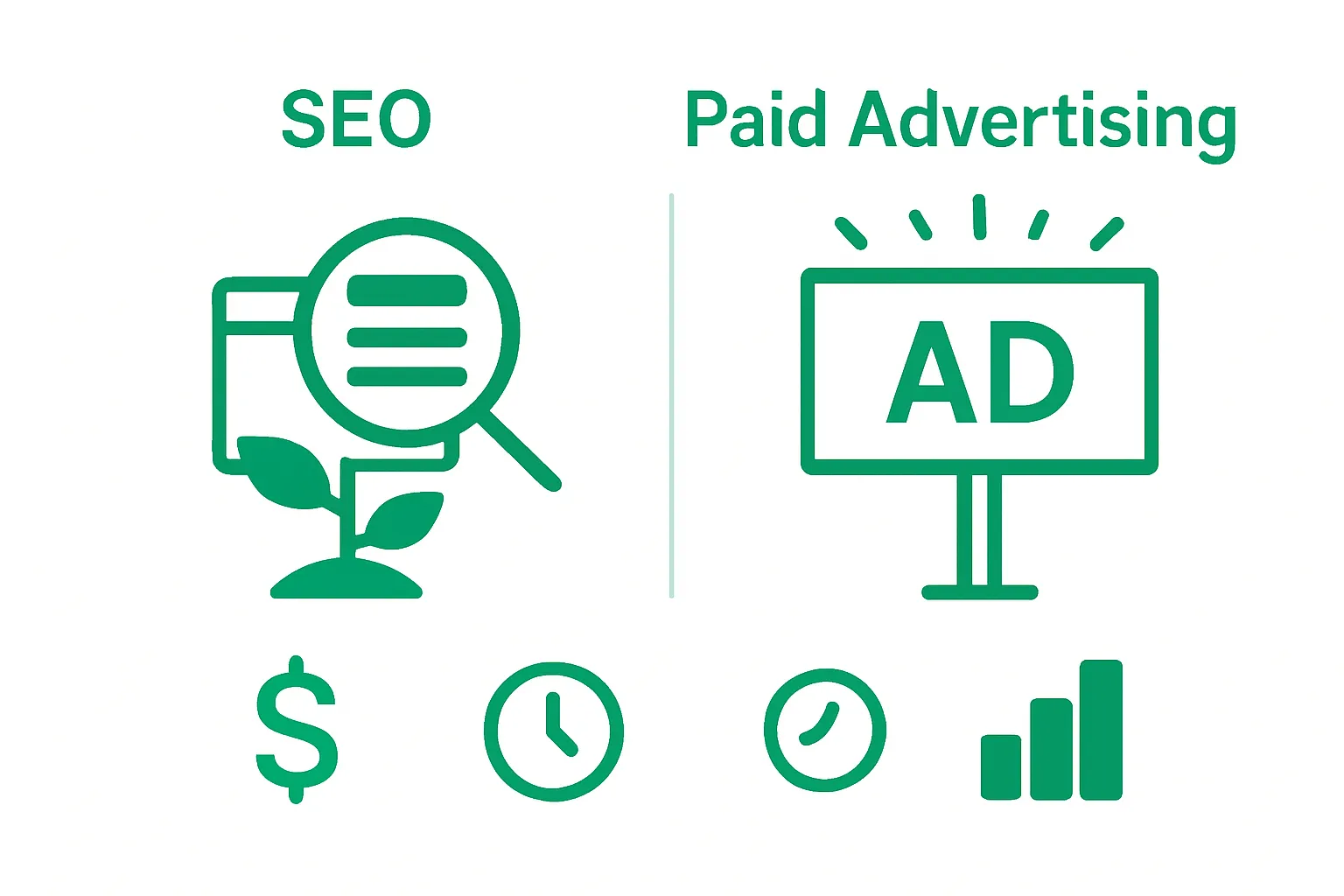 SEO and paid advertising comparison infographic for small business