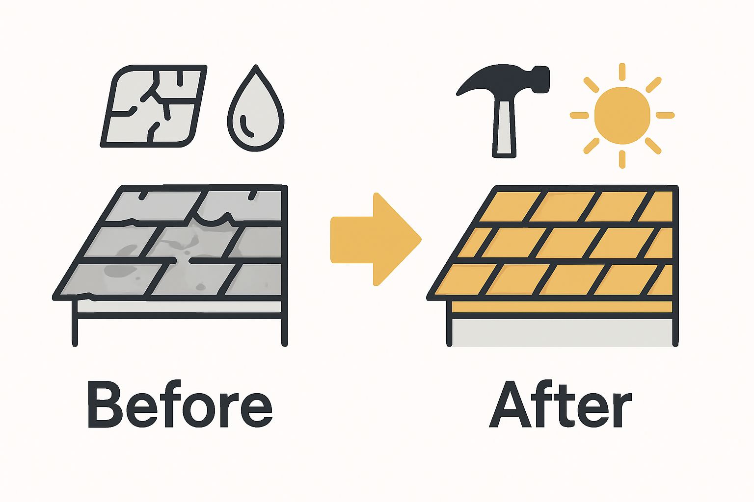 Before and after comparison of a damaged roof and a newly replaced shingle roof.