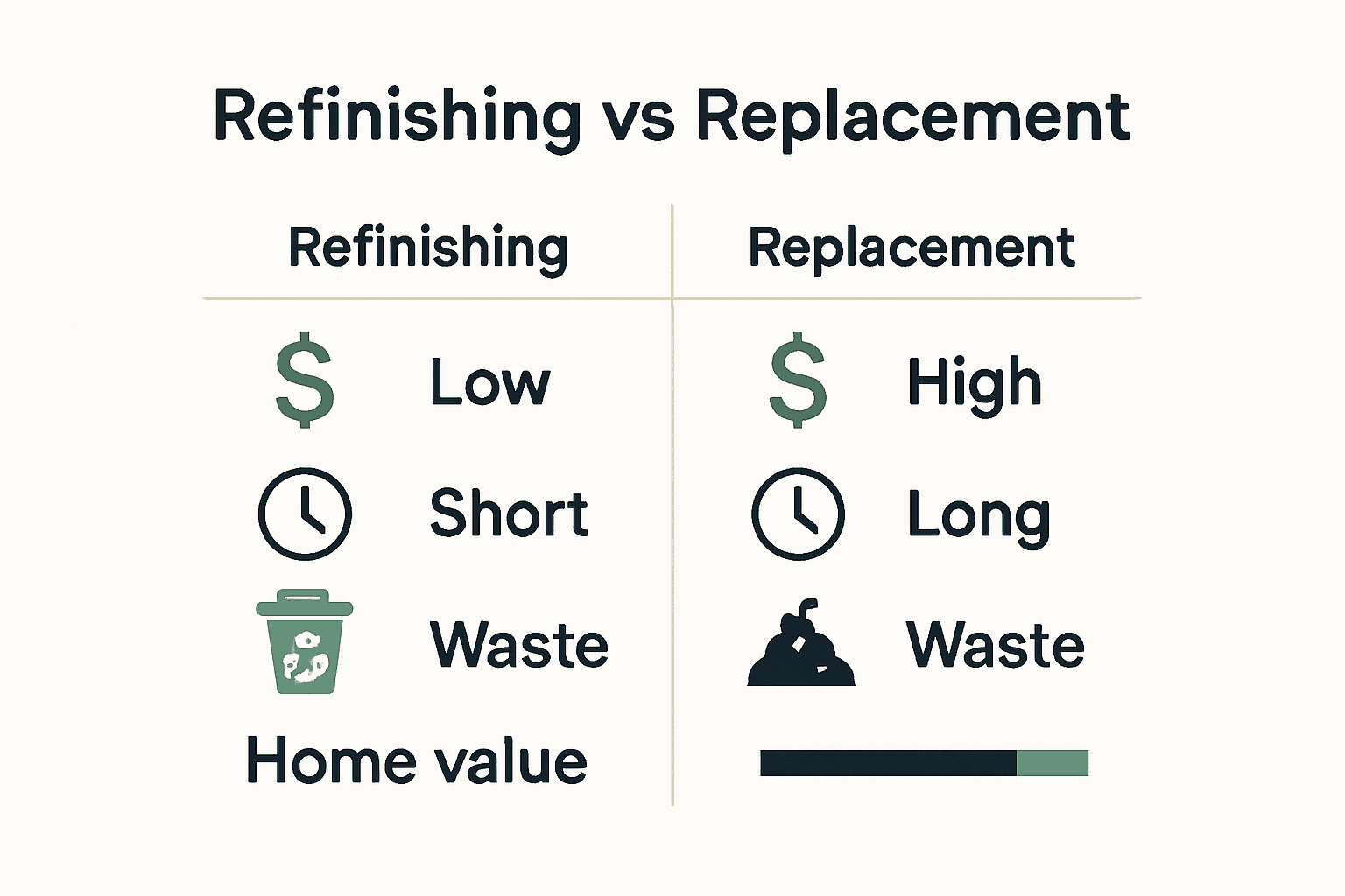 Side-by-side infographic comparing refinishing and replacement for home surfaces.